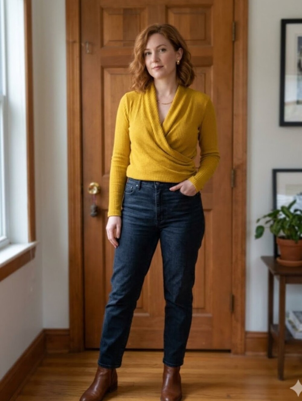 Pleione Mustard Gold Lightweight Waffle Knit Surplice Top Size M
